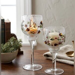 Yankee Candle Frosted Crackle Glass Pedestal Candle Holders Pinecones & Berry